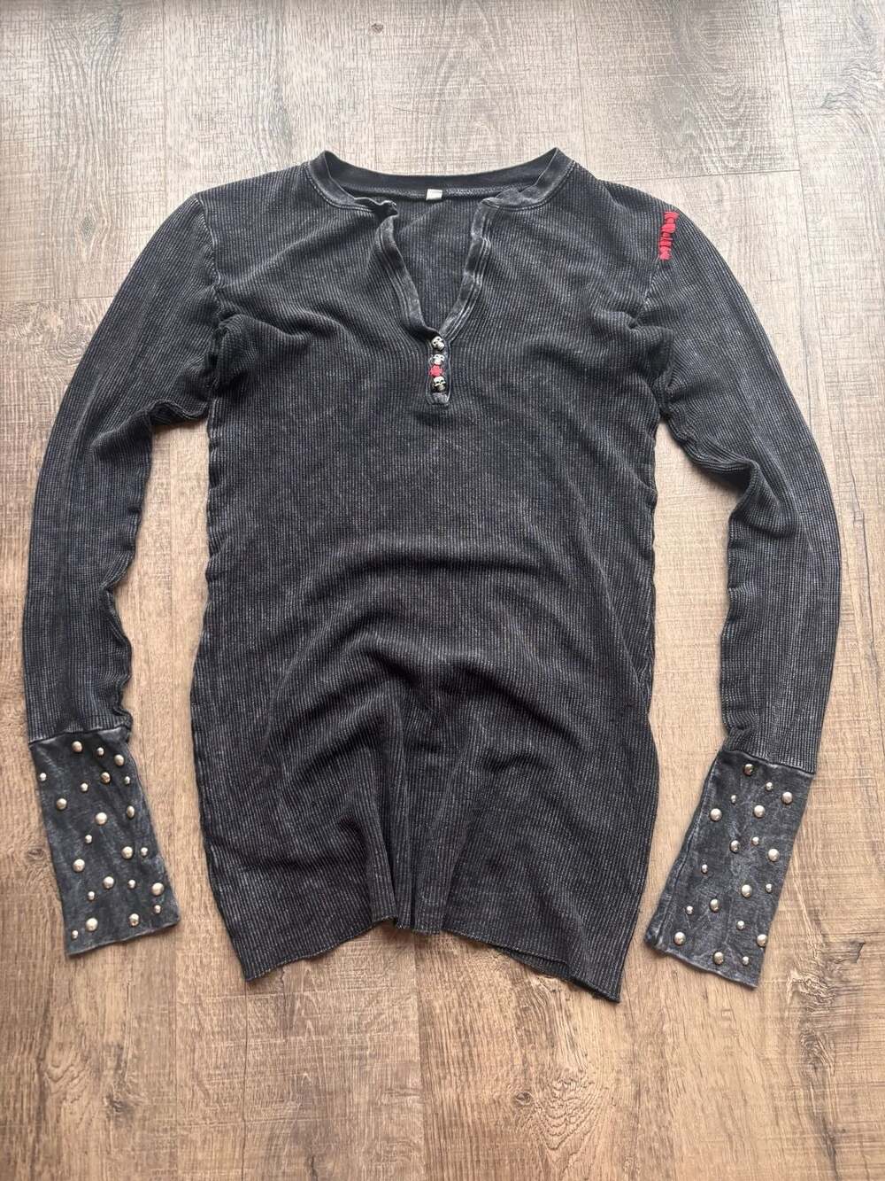 Skull Button Placket Thermal Long Sleeve Top with Studded Cuffs
